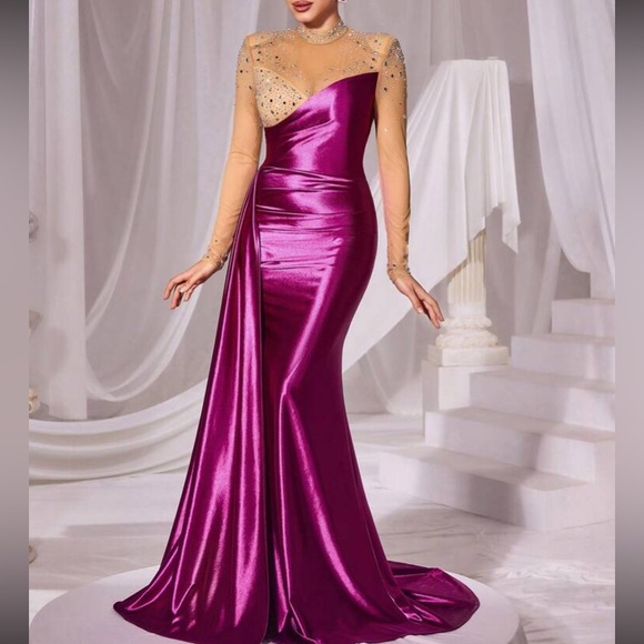 Accessories - luxe rhinestone decor mesh detail party formal prom satin gown dress